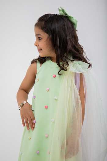 Lil Angels_Green Crepe Heart Embellished Dress _at_Aza_Fashions