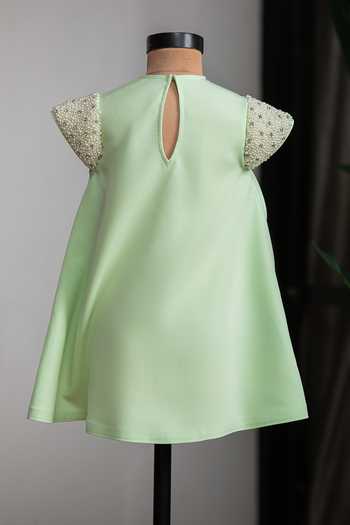 Lil Angels_Green Crepe Bow Embellished Dress _Online_at_Aza_Fashions