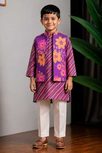 Buy Lil Angels Purple Silk Floral Print Bundi And Kurta Set at Aza Fashions Buy_Lil Angels_Purple Silk Floral Print Bundi And Kurta Set _at_Aza_Fashions