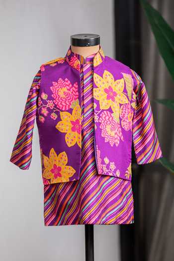 Lil Angels Purple Silk Floral Print Bundi And Kurta Set Online at Aza Fashions Lil Angels_Purple Silk Floral Print Bundi And Kurta Set _Online_at_Aza_Fashions