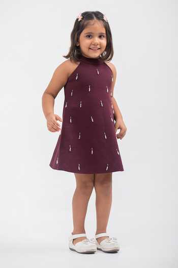 Lil Angels_Wine Scuba Halter Neck Embellished Dress _Online_at_Aza_Fashions