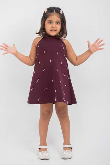 Buy_Lil Angels_Wine Scuba Halter Neck Embellished Dress _Online_at_Aza_Fashions