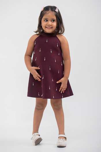Shop_Lil Angels_Wine Scuba Halter Neck Embellished Dress _Online_at_Aza_Fashions