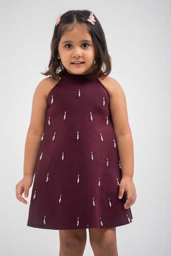 Lil Angels_Wine Scuba Halter Neck Embellished Dress _at_Aza_Fashions