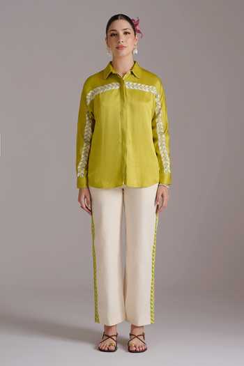JAYN India Green Satin, Linen, Cotton, Tencel Collared Vaishali Shirt And Pant Co-ord Set Online at Aza Fashions JAYN India_Green Satin, Linen, Cotton, Tencel Collared Vaishali Shirt And Pant Co-ord Set _Online_at_Aza_Fashions