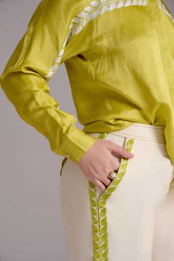 Buy JAYN India Green Satin, Linen, Cotton, Tencel Collared Vaishali Shirt And Pant Co-ord Set Online at Aza Fashions Buy_JAYN India_Green Satin, Linen, Cotton, Tencel Collared Vaishali Shirt And Pant Co-ord Set _Online_at_Aza_Fashions