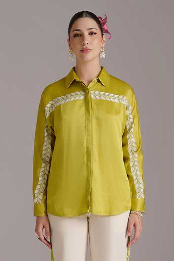 Shop JAYN India Green Satin, Linen, Cotton, Tencel Collared Vaishali Shirt And Pant Co-ord Set Online at Aza Fashions Shop_JAYN India_Green Satin, Linen, Cotton, Tencel Collared Vaishali Shirt And Pant Co-ord Set _Online_at_Aza_Fashions