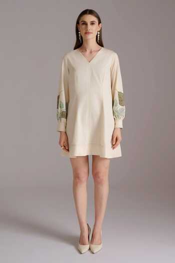 Shop_JAYN India_Cream Cotton, Tencel V-neck Embroidered Short Dress _Online_at_Aza_Fashions