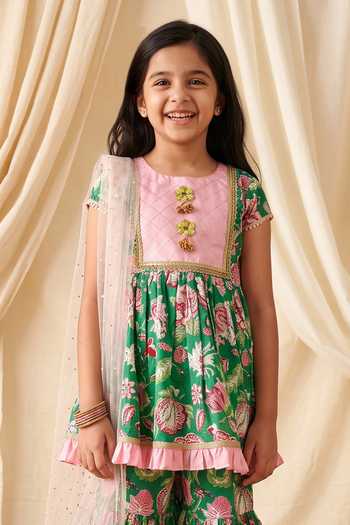 Buy Petite Pomme Green Cotton, Net, Rayon Floral Print Kurta Sharara Set Online at Aza Fashions Buy_Petite Pomme_Green Cotton, Net, Rayon Floral Print Kurta Sharara Set _Online_at_Aza_Fashions