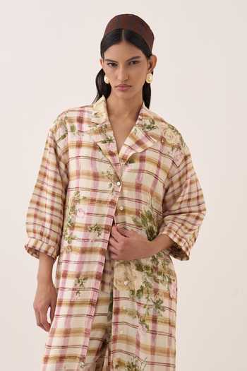 Ofrida Ivory Cotton Collared Neck Jaali Rose Trench Jacket at Aza Fashions Ofrida_Ivory Cotton Collared Neck Jaali Rose Trench Jacket _at_Aza_Fashions