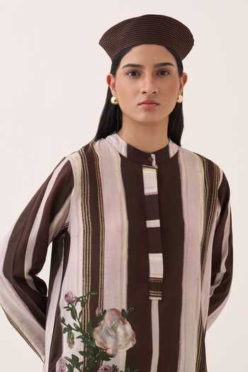 Ofrida Beige Muslin, Bemberg Mandarin Collar, Yes Shyam Mantesh Striprd Kurta at Aza Fashions Ofrida_Beige Muslin, Bemberg Mandarin Collar, Yes Shyam Mantesh Striprd Kurta _at_Aza_Fashions