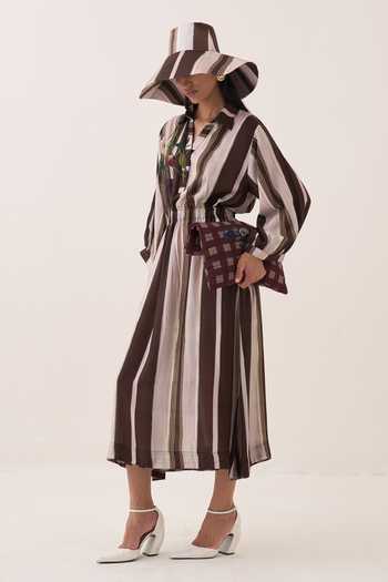 Ofrida Brown Muslin, Bemberg Collared Neck, Split Shyam Striped Poem Dress Online at Aza Fashions Ofrida_Brown Muslin, Bemberg Collared Neck, Split Shyam Striped Poem Dress _Online_at_Aza_Fashions