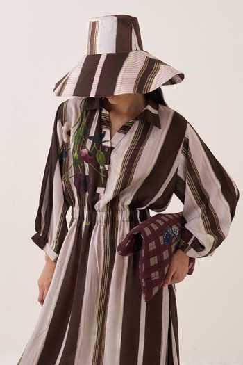 Buy Ofrida Brown Muslin, Bemberg Collared Neck, Split Shyam Striped Poem Dress Online at Aza Fashions Buy_Ofrida_Brown Muslin, Bemberg Collared Neck, Split Shyam Striped Poem Dress _Online_at_Aza_Fashions