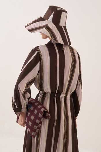 Shop Ofrida Brown Muslin, Bemberg Collared Neck, Split Shyam Striped Poem Dress Online at Aza Fashions Shop_Ofrida_Brown Muslin, Bemberg Collared Neck, Split Shyam Striped Poem Dress _Online_at_Aza_Fashions