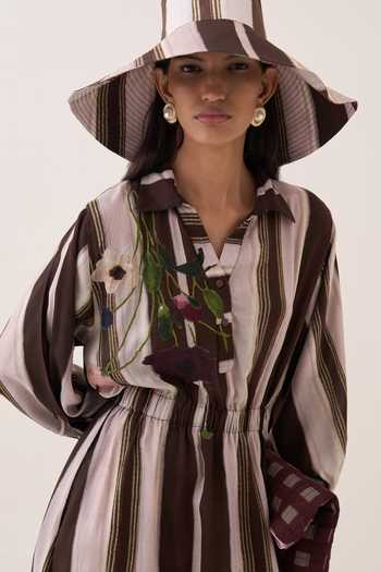 Ofrida Brown Muslin, Bemberg Collared Neck, Split Shyam Striped Poem Dress at Aza Fashions Ofrida_Brown Muslin, Bemberg Collared Neck, Split Shyam Striped Poem Dress _at_Aza_Fashions
