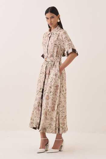 Ofrida Ivory Muslin, Bemberg Collared Neck Gulzar Floral Print A-line Dress Online at Aza Fashions Ofrida_Ivory Muslin, Bemberg Collared Neck Gulzar Floral Print A-line Dress _Online_at_Aza_Fashions