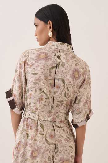 Shop Ofrida Ivory Muslin, Bemberg Collared Neck Gulzar Floral Print A-line Dress Online at Aza Fashions Shop_Ofrida_Ivory Muslin, Bemberg Collared Neck Gulzar Floral Print A-line Dress _Online_at_Aza_Fashions
