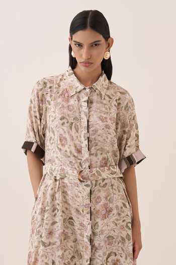 Ofrida Ivory Muslin, Bemberg Collared Neck Gulzar Floral Print A-line Dress at Aza Fashions Ofrida_Ivory Muslin, Bemberg Collared Neck Gulzar Floral Print A-line Dress _at_Aza_Fashions