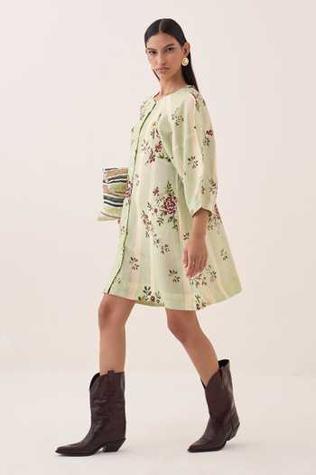 Ofrida Green Cotton Round Neck Bagiya Bubble Sleeve Printed A-line Dress Online at Aza Fashions Ofrida_Green Cotton Round Neck Bagiya Bubble Sleeve Printed A-line Dress _Online_at_Aza_Fashions