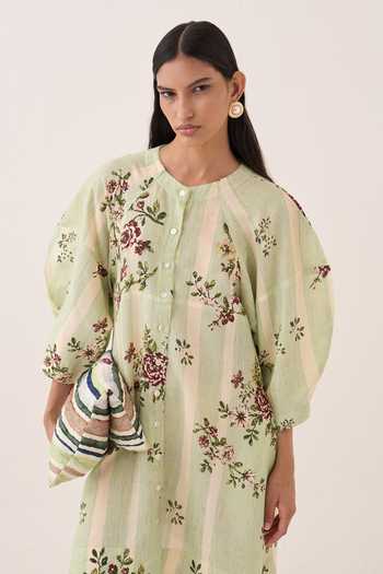Buy Ofrida Green Cotton Round Neck Bagiya Bubble Sleeve Printed A-line Dress Online at Aza Fashions Buy_Ofrida_Green Cotton Round Neck Bagiya Bubble Sleeve Printed A-line Dress _Online_at_Aza_Fashions