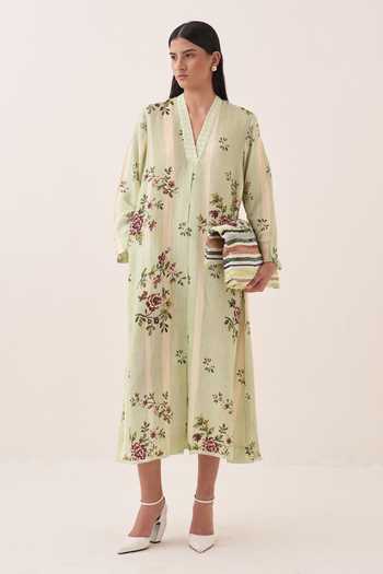 Buy Ofrida Green Cotton V-neck Bagiya Print Slub Dress Online at Aza Fashions Buy_Ofrida_Green Cotton V-neck Bagiya Print Slub Dress _Online_at_Aza_Fashions