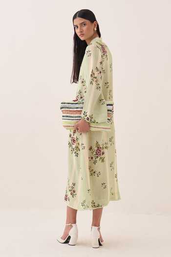 Shop Ofrida Green Cotton V-neck Bagiya Print Slub Dress Online at Aza Fashions Shop_Ofrida_Green Cotton V-neck Bagiya Print Slub Dress _Online_at_Aza_Fashions