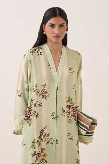 Buy Ofrida Green Cotton V-neck Bagiya Print Slub Dress Buy_Ofrida_Green Cotton V-neck Bagiya Print Slub Dress
