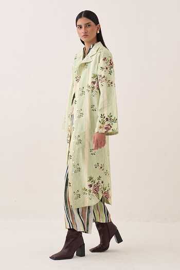 Ofrida Green Cotton Collared Neck Bagiya Print Trench Jacket Online at Aza Fashions Ofrida_Green Cotton Collared Neck Bagiya Print Trench Jacket _Online_at_Aza_Fashions