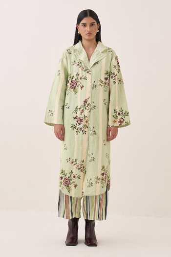 Shop Ofrida Green Cotton Collared Neck Bagiya Print Trench Jacket Online at Aza Fashions Shop_Ofrida_Green Cotton Collared Neck Bagiya Print Trench Jacket _Online_at_Aza_Fashions