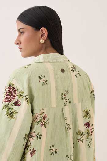 Ofrida Green Cotton Collared Neck Bagiya Print Trench Jacket at Aza Fashions Ofrida_Green Cotton Collared Neck Bagiya Print Trench Jacket _at_Aza_Fashions