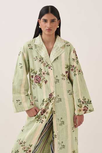 Buy Ofrida Green Cotton Collared Neck Bagiya Print Trench Jacket Buy_Ofrida_Green Cotton Collared Neck Bagiya Print Trench Jacket