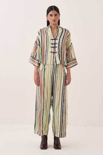 Buy Ofrida Green Muslin, Bemberg Mandarin Collar Rekha Striped Box Shirt Online at Aza Fashions Buy_Ofrida_Green Muslin, Bemberg Mandarin Collar Rekha Striped Box Shirt _Online_at_Aza_Fashions