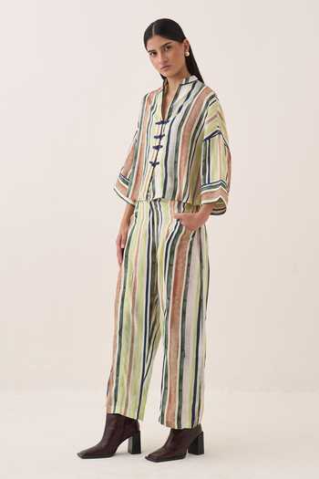 Shop Ofrida Green Muslin, Bemberg Mandarin Collar Rekha Striped Box Shirt Online at Aza Fashions Shop_Ofrida_Green Muslin, Bemberg Mandarin Collar Rekha Striped Box Shirt _Online_at_Aza_Fashions