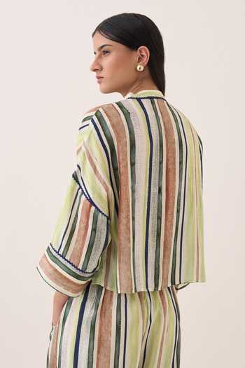 Ofrida Green Muslin, Bemberg Mandarin Collar Rekha Striped Box Shirt at Aza Fashions Ofrida_Green Muslin, Bemberg Mandarin Collar Rekha Striped Box Shirt _at_Aza_Fashions
