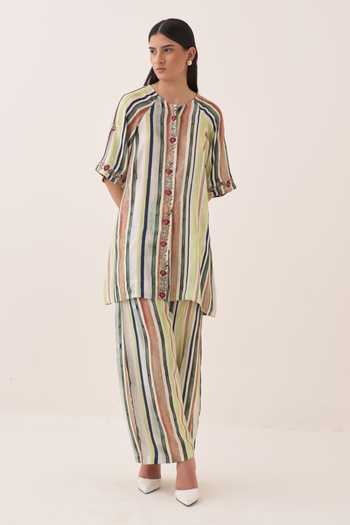 Ofrida Green Muslin, Bemberg Rekha Striped Pant Online at Aza Fashions Ofrida_Green Muslin, Bemberg Rekha Striped Pant _Online_at_Aza_Fashions