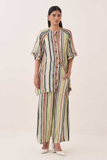 Shop Ofrida Green Muslin, Bemberg Rekha Striped Pant Online at Aza Fashions Shop_Ofrida_Green Muslin, Bemberg Rekha Striped Pant _Online_at_Aza_Fashions