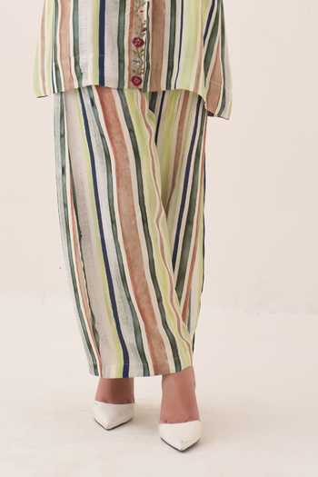 Ofrida Green Muslin, Bemberg Rekha Striped Pant at Aza Fashions Ofrida_Green Muslin, Bemberg Rekha Striped Pant _at_Aza_Fashions
