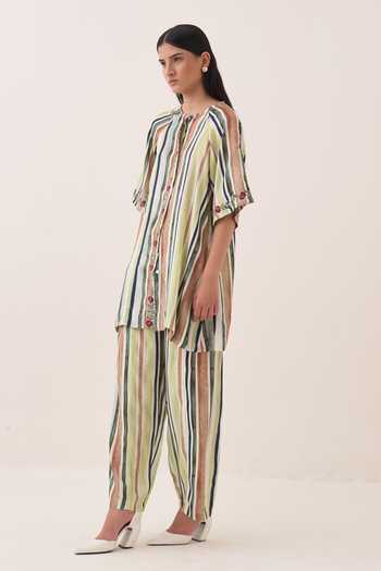 Buy Ofrida Green Muslin, Bemberg Rekha Striped Pant Buy_Ofrida_Green Muslin, Bemberg Rekha Striped Pant