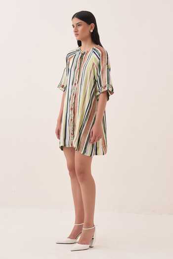 Ofrida Green Muslin, Bemberg Round Neck Rekha Striped Short A-line Dress Online at Aza Fashions Ofrida_Green Muslin, Bemberg Round Neck Rekha Striped Short A-line Dress _Online_at_Aza_Fashions