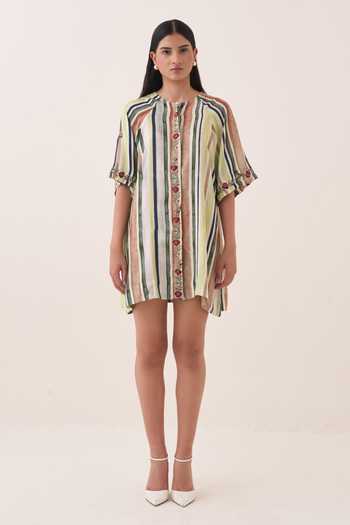 Buy Ofrida Green Muslin, Bemberg Round Neck Rekha Striped Short A-line Dress Online at Aza Fashions Buy_Ofrida_Green Muslin, Bemberg Round Neck Rekha Striped Short A-line Dress _Online_at_Aza_Fashions