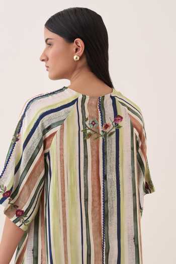 Shop Ofrida Green Muslin, Bemberg Round Neck Rekha Striped Short A-line Dress Online at Aza Fashions Shop_Ofrida_Green Muslin, Bemberg Round Neck Rekha Striped Short A-line Dress _Online_at_Aza_Fashions