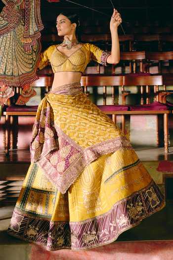 Buy_Aditi Gupta_Gold Silk, Brocade Sweetheart Neck Shubh Aarambh Yellow Lehenga Set _Online_at_Aza_Fashions