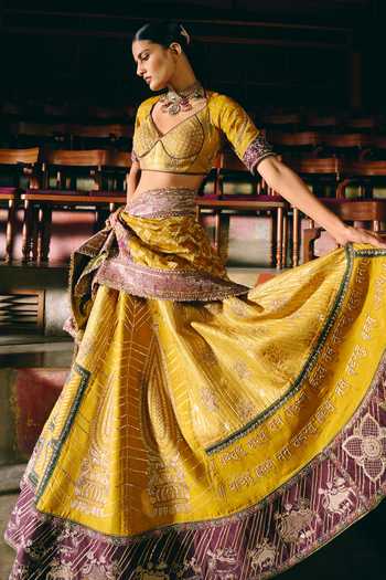 Shop_Aditi Gupta_Gold Silk, Brocade Sweetheart Neck Shubh Aarambh Yellow Lehenga Set _Online_at_Aza_Fashions
