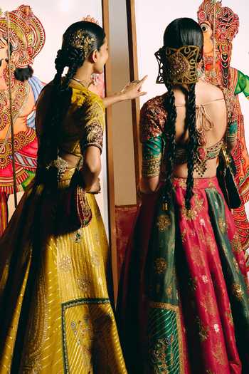 Aditi Gupta_Gold Silk, Brocade Sweetheart Neck Shubh Aarambh Yellow Lehenga Set _at_Aza_Fashions
