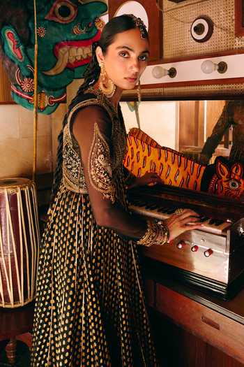 Aditi Gupta_Black Raw Silk V-, Round Chandrika Embroidered Jacket With Anarkali _Online_at_Aza_Fashions
