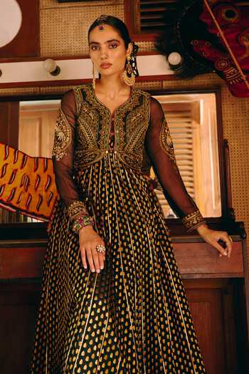 Shop_Aditi Gupta_Black Raw Silk V-, Round Chandrika Embroidered Jacket With Anarkali _Online_at_Aza_Fashions