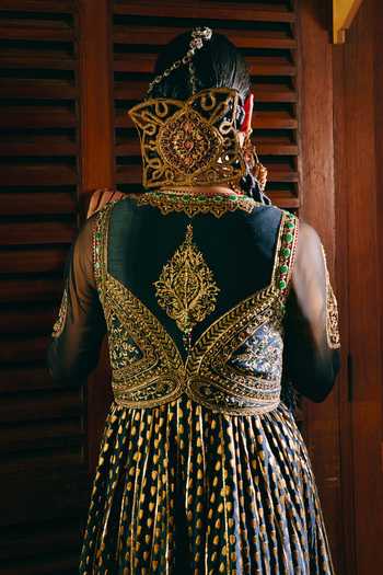 Aditi Gupta_Black Raw Silk V-, Round Chandrika Embroidered Jacket With Anarkali _at_Aza_Fashions