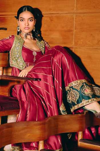 Buy_Aditi Gupta_Gold Silk Scoop , Open Samarpana Embroidered Jacket And Anarkali Set _Online_at_Aza_Fashions
