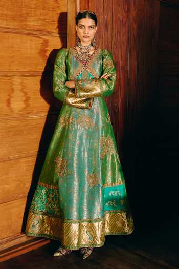 Shop_Aditi Gupta_Green Silk Mayuri Embroidered Anarkali With Dupatta _Online_at_Aza_Fashions