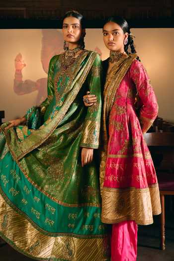 Buy_Aditi Gupta_Gold Silk, Paper V-neck Gulbahar Embroidered Anarkali Set _Online_at_Aza_Fashions